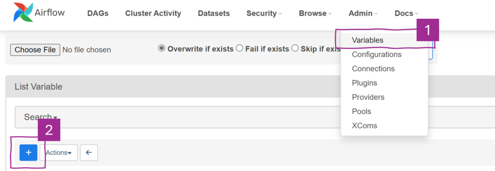 Screenshot of the Airflow Web UI, highlighting the button 'Variables' under the Admin menu, and the light blue Plus button, below the Search box in the List Variable section