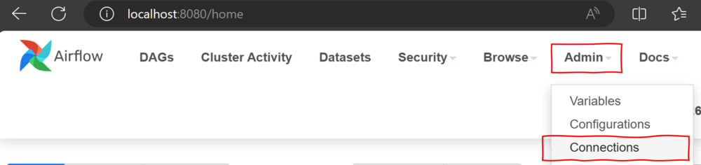 Screenshot of the Airflow Web UI, showing the 'Admin' menu and the 'Connections' option highlighted.