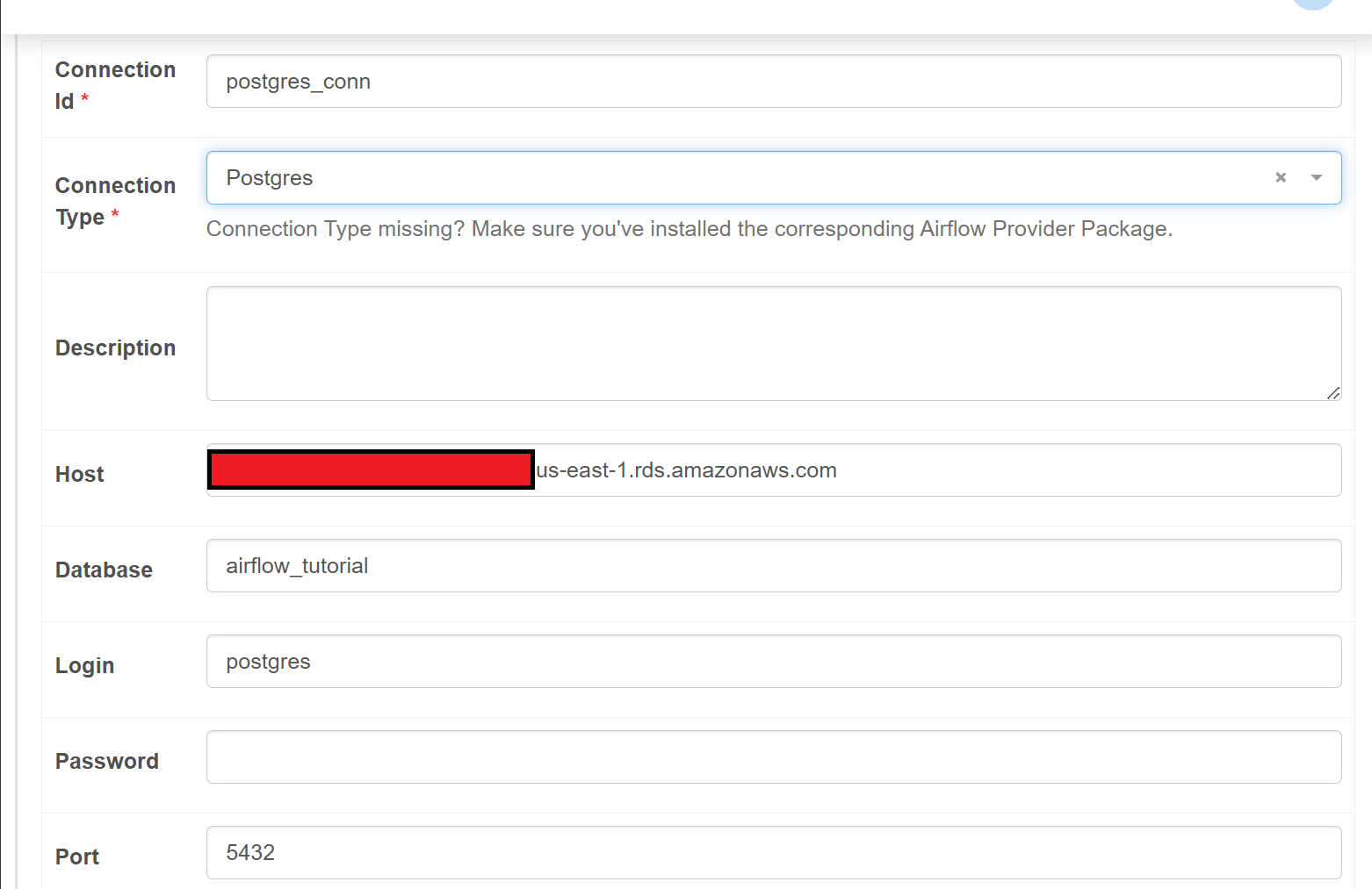 Screenshot of the Airflow Web UI, showing the 'Edit Connection' page with the fields 'Connection Id', 'Connection Type', 'Host', 'Database', 'Login', 'Password', and 'Port' filled with the connection data for the PostgreSQL database.