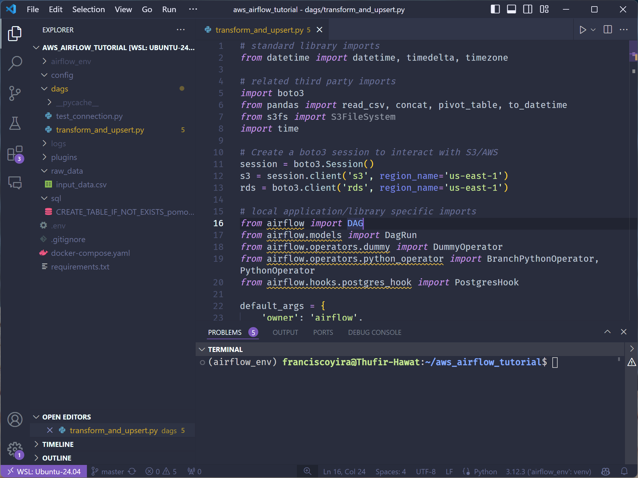 Screenshot of Visual Studio Code with the file 'transform_and_upsert.py' open in the editor. The file contains Python code for an Apache Airflow DAG.