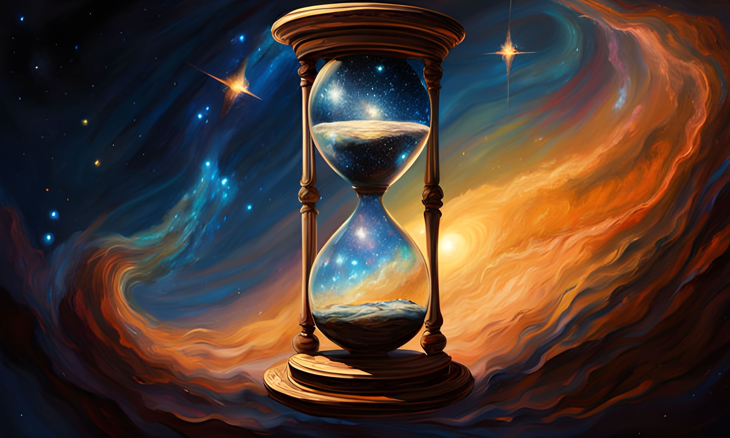 A digital painting of an hourglass with galaxies and celestial bodies contained within, set against a backdrop of swirling cosmic clouds and stars. The hourglass, with its wooden frame and detailed carvings, symbolizes the intertwining of time and space. The scene is mystical and awe-inspiring, with dynamic swirls of orange, yellow, blue, and white clouds, and a bright star shining prominently to the right