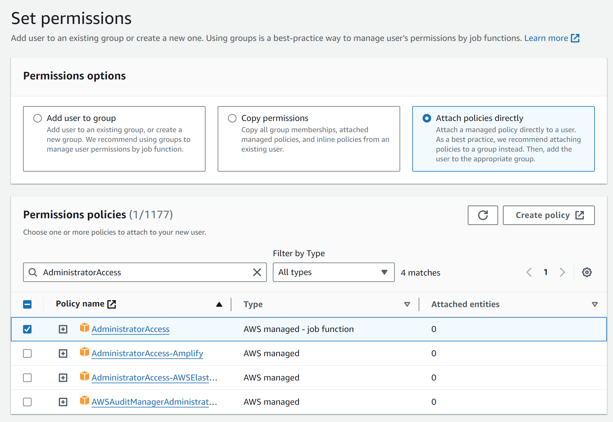 A screenshot of a permissions setting page for a new user. The page shows options to add the user to a group, copy permissions from an existing user, or directly attach permissions policies to the user. The 'Attach policies directly' option is selected, and a list of permissions policies is displayed, filtered by the search term AdministratorAccess